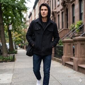 American Rag Mens Small Black Button-Front Hooded Utility Field Jacket
